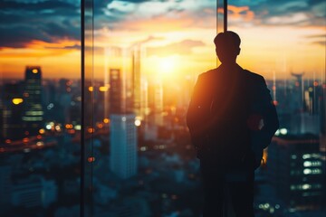 A man stands in front of a window, gazing out at a sprawling cityscape below, Silhouette of a business person against a city skyline at sunset, AI Generated - obrazy, fototapety, plakaty