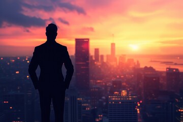 Fototapeta premium A mans silhouette is shown standing against a cityscape backdrop filled with tall buildings and urban infrastructure, Silhouette of a business person against a city skyline at sunset, AI Generated