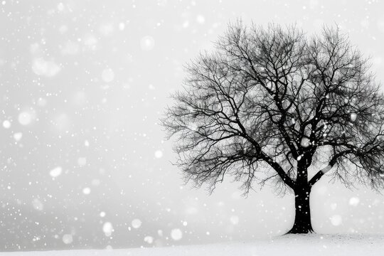 A black and white photograph showcasing a tree standing tall in a snowy landscape, Silhouette of a barren tree against a snowfall, AI Generated