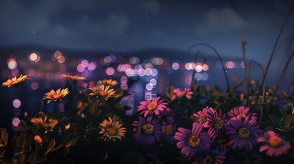 Obraz na płótnie Canvas Flowers on night city background. Beautiful bouquet. Bokeh effect. Nature background.
