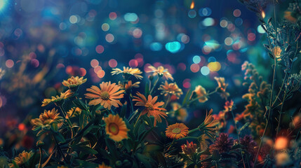 Flowers on night city background. Beautiful bouquet. Bokeh effect. Nature background.