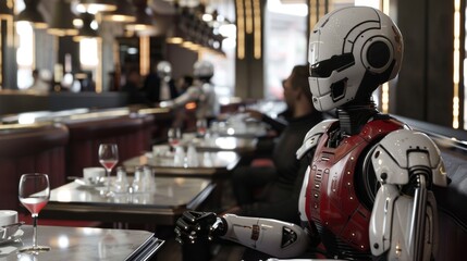 A sophisticated robot is seated at a bar in a contemporary diner setting, suggesting a future where artificial intelligence seamlessly blends into human environments.