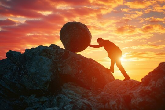 Person Pushing Large Rock Up Steep Mountain Slope, Silhouette of a businessman pushing a boulder uphill symbolizing struggle in business, AI Generated