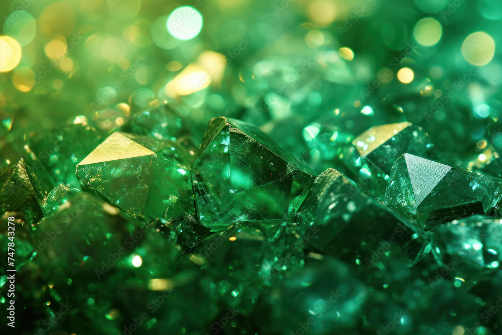Aufkleber shimmering green crystals with bokeh light effect. abstract background and texture.