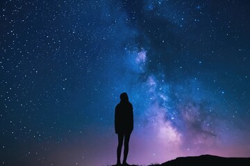 Fototapeta na wymiar A person stands on a hill, gazing upward at the night sky filled with twinkling stars, Silhouette of a solitary person standing against a starry night sky, AI Generated