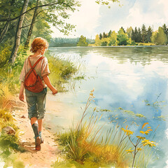 Fototapeta na wymiar serene lakeside stroll - young boy with backpack, embracing nature's simple joys