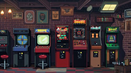 A cozy retro arcade room filled with vintage gaming machines, lit by warm wall sconces, inviting players into a nostalgic gaming experience.