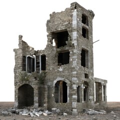 Ruined building isolated on white background