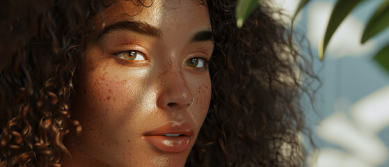 Close-up of a woman's face with striking hazel eyes and freckles, backlit by soft, natural light.
