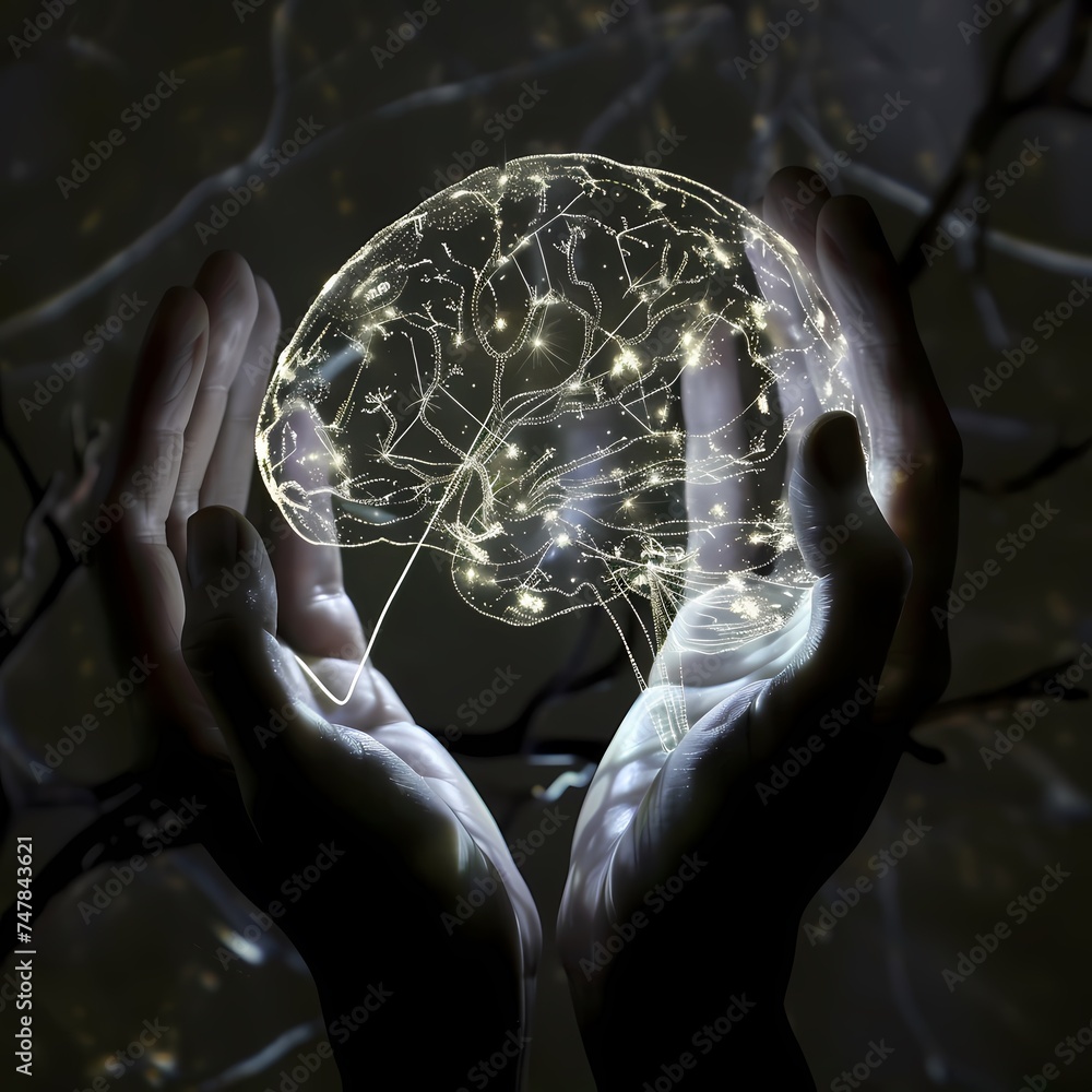 Aufkleber ethereal hands hold a translucent brain, its neural pathways aglow, creating a mystic representation