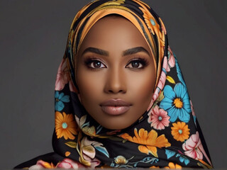 Gorgeous stylish black Muslim woman with beautiful makeup and luxurious silk hijab	