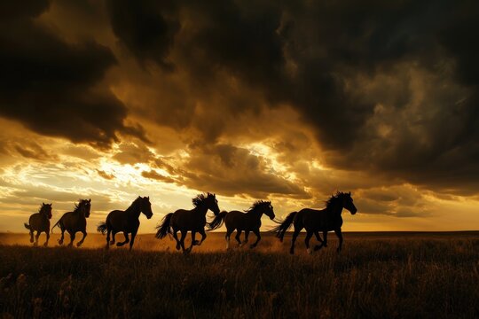 A dynamic photo capturing a group of horses galloping enthusiastically across a lush green field, Silhouettes of wild horses running against stormy skies, AI Generated