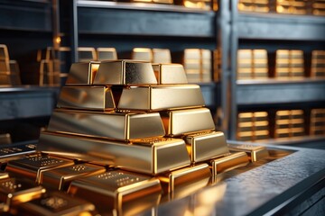 A photo of a bunch of gold bars stacked on top of each other, creating a solid and shimmering wall of wealth, Silver and gold bars stacked in a bank vault for wealth concept, AI Generated - obrazy, fototapety, plakaty