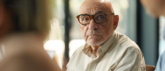 An elder gentleman lost in thought, wearing glasses, attending a conversational gathering.