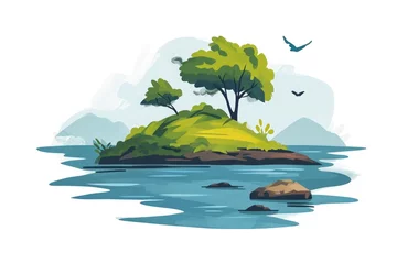 Fotobehang A small island in the midst of a body of water featuring a solitary tree perched on its summit, Simple illustration of a small island surrounded by water, AI Generated © Iftikhar alam