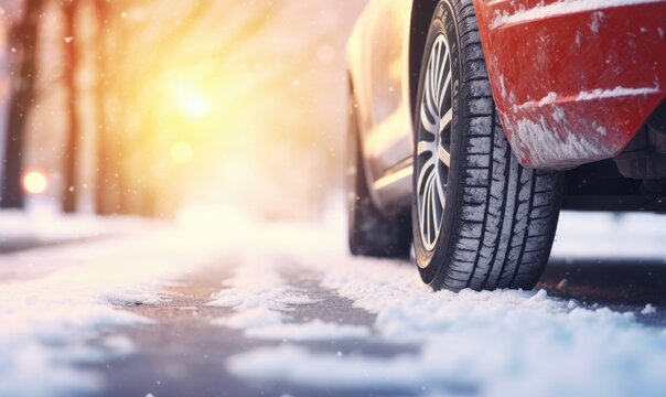 Winter tires on snow road with amazing background. Close up photo of winter tires
