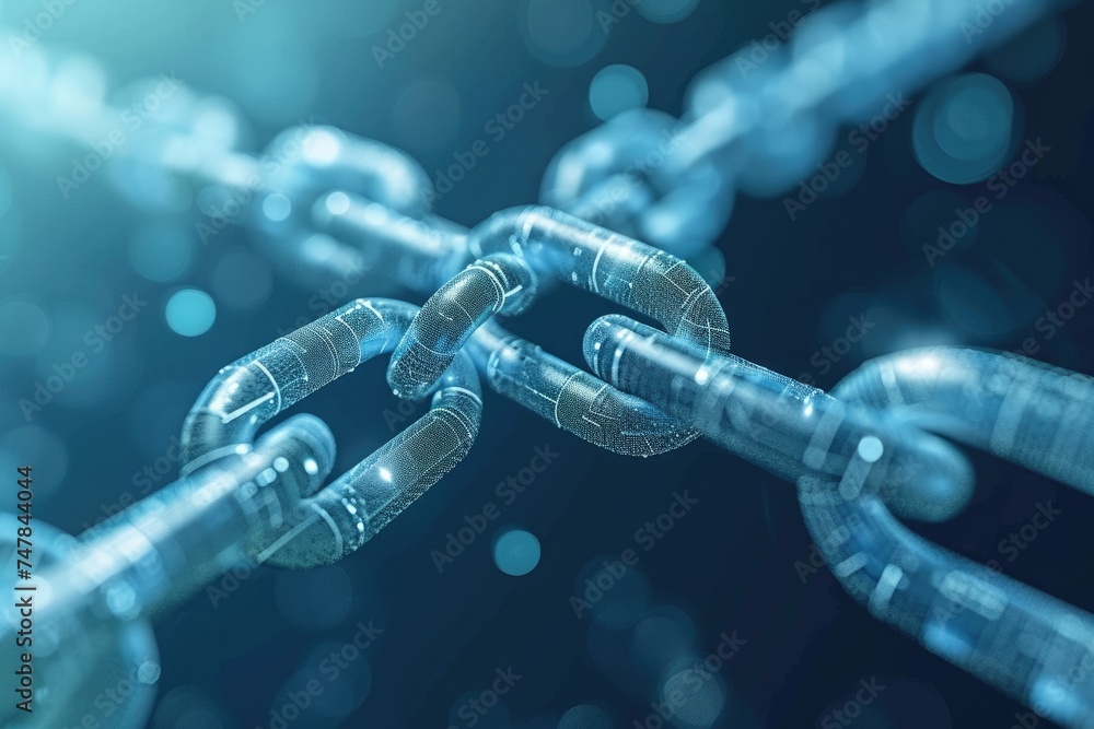 Poster close up of secured chain with blurry background, simplified blockchain network depicted on a clear 