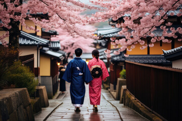 Couple in traditional Japanese attire under cherry blossoms. Cultural tradition and beauty.