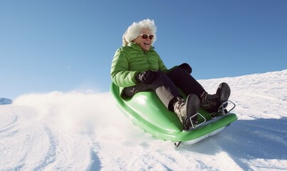 Crazy grandma is sledding down the hill on sledge. Active retirement concept