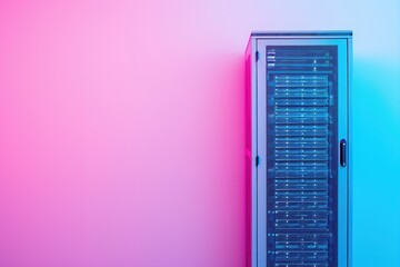 A collection of computer equipment displayed on a rack against a background featuring shades of pink and blue, Simplistic server rack on a pastel background, AI Generated