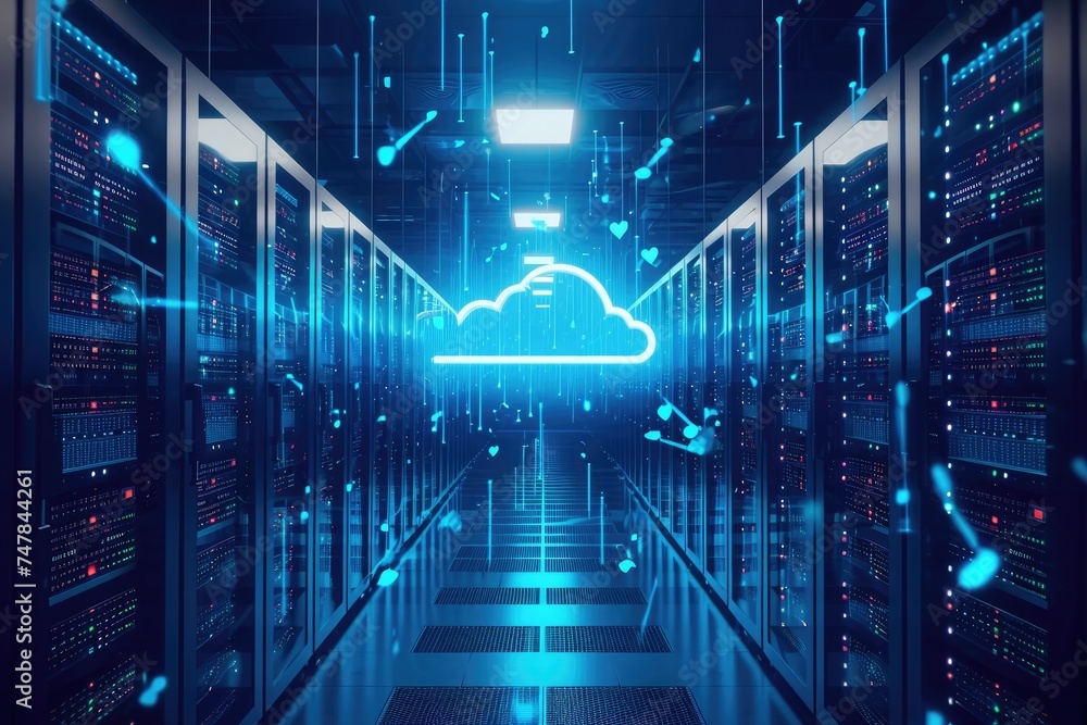 Poster hallway with rows of servers and blue cloud, simulate the concept of infinite storage in cloud syste