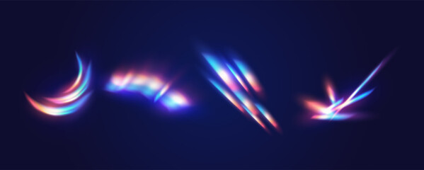 Abstract rainbow light flashes realistic vector illustration set. Glaring effect of refraction 3d elements on black background. Cosmic sparks template