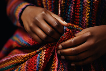 Artisan hands knitting colorful patterned fabric. Craftsmanship and handmade work. - obrazy, fototapety, plakaty