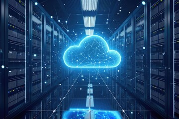 A cloud floats above racks of servers and computer equipment in a brightly lit server room, Simulate the concept of infinite storage in cloud systems, AI Generated