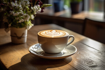 Freshly brewed cappuccino with latte art on wooden table. Morning coffee. - obrazy, fototapety, plakaty