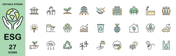 Set of colorful line icons related to ESG, environment, social, governance, ecology. Vector illustration. Editable stroke.