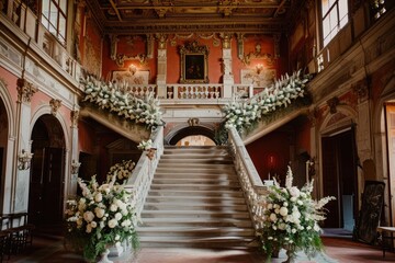 A Large Building With Colorful Flowers on the Stairs, Sixteenth-century castle complete with a grand staircase as the background for a fairy-tale wedding, AI Generated - obrazy, fototapety, plakaty