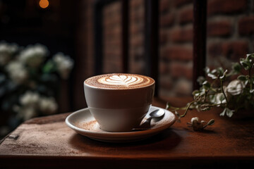 Artisan coffee cup with latte art on rustic wooden table. Cafe ambiance.