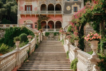 Grand Building Adorned With Flowers on the Steps, Sixteenth-century castle complete with a grand staircase as the background for a fairy-tale wedding, AI Generated - obrazy, fototapety, plakaty
