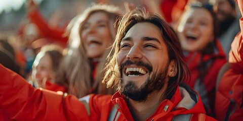 Obraz premium Cheerful Red-Clad Fans in Stadium Selective Focus. Concept Sports Fans, Red Clothing, Stadium Environment, Selective Focus, Cheerful Expressions