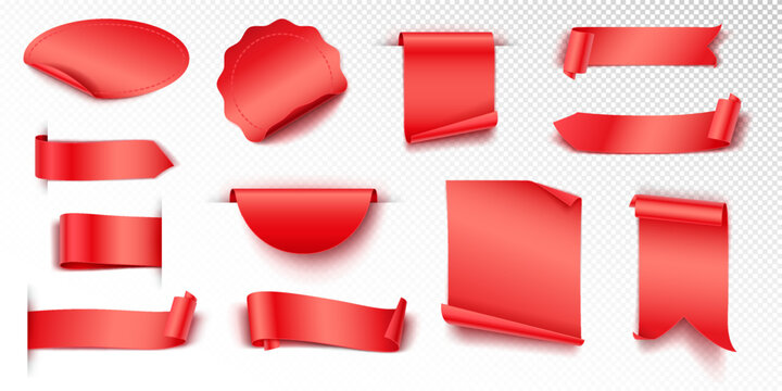 Mockup of red ad tags realistic vector illustration set. Blank badges and ribbons for advertisement 3d models on transparent background