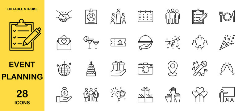 Line icon set of event planning. Editable stroke. Vector illustration