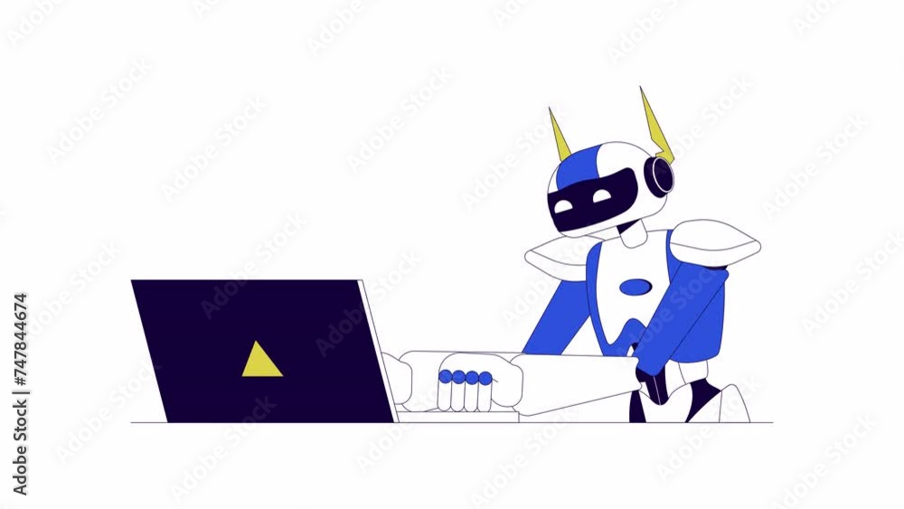 Poster cyborg working on laptop line 2d character animation. robot developing software flat color cartoon 4