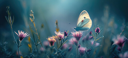 Serene butterfly on wildflowers with soft focus background. Nature and tranquility.