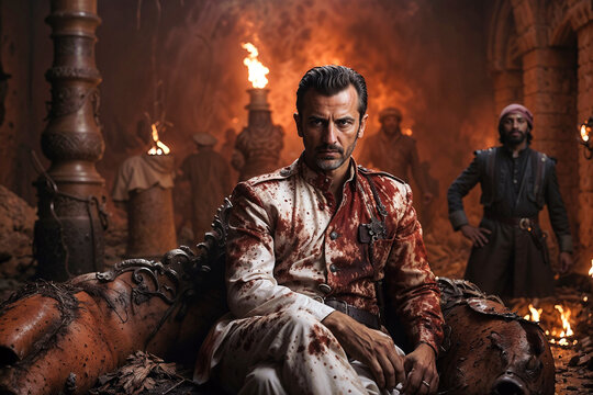 A man with a solemn expression, sitting on a throne in a room with flames and another figure in the background