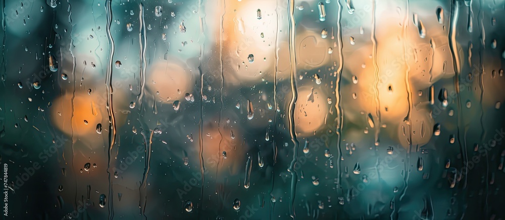Aufkleber water droplets from rain have collected on a window, creating a blurred and defocused surface. the d