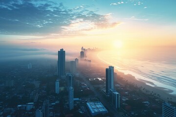 An aerial photograph captures the citys skyline with towering skyscrapers juxtaposed against the vast expanse of the ocean, Skyline view of a coastal city during a sunrise, AI Generated