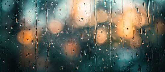 Water droplets from rain have collected on a window, creating a blurred and defocused surface. The droplets distort the view through the window, reflecting light and shadow. - obrazy, fototapety, plakaty