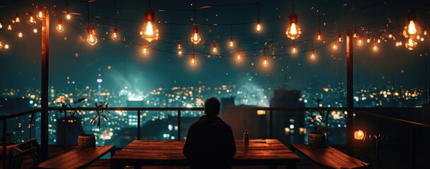 Man contemplating cityscape at night on balcony with festive lights. Urban solitude.