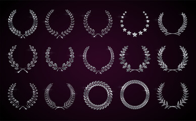 Silver laurel winner wreaths realistic vector illustration set. Classic victory garland element 3d models on dark background. Efforts reward