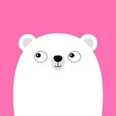 White polar bear cub face. Cute cartoon kawaii funny baby character. Arctic animal. Hello winter. Merry Christmas. Happy New Year. Greeting card template. Flat design. Pink background.