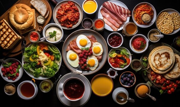 Top View Bright Photo Of Large Selection Of Breakfast Food On A Table, Sun Light From Side. Healthy Breakfast Concept.