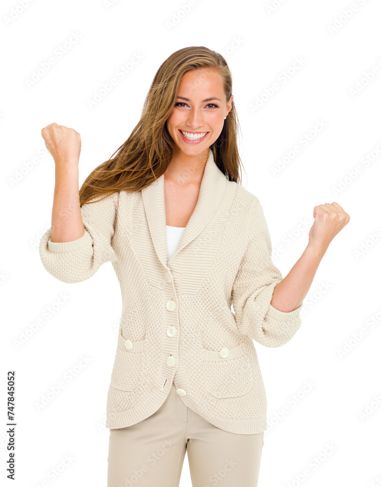 Sticker Success, portrait or happy business woman with winner fist celebration in studio for good news on white background. Goals, face or entrepreneur with yes hand emoji for startup, loan or sale milestone