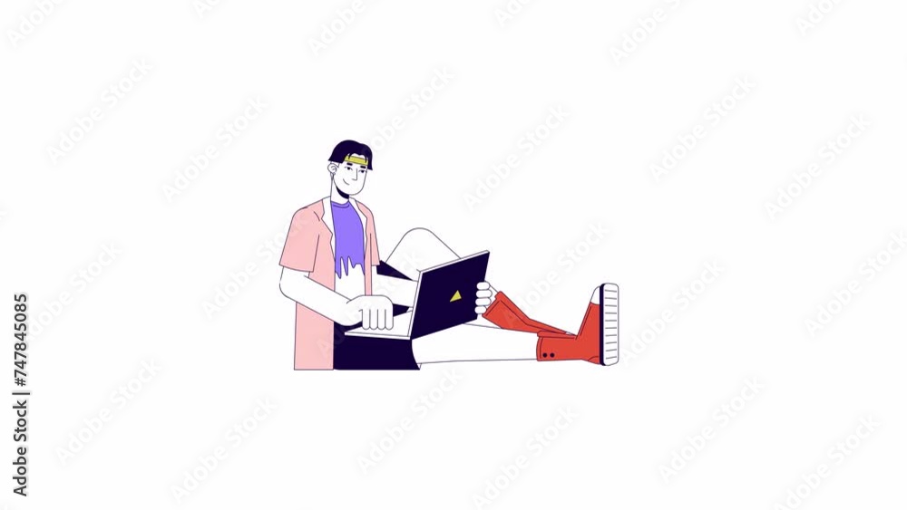 Poster asian man software developer line 2d character animation. programmer working on laptop flat color ca