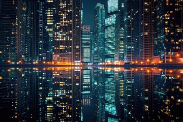 A city at night with brightly lit buildings and their lights reflecting in the water below, Skyscrapers' kaleidoscopic reflection in the city river at nighttime, AI Generated