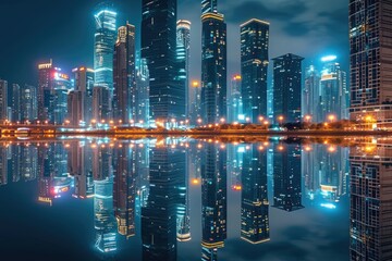 A stunning cityscape at night where the illuminated buildings are mirrored in a tranquil body of water, Skyscrapers' kaleidoscopic reflection in the city river at nighttime, AI Generated